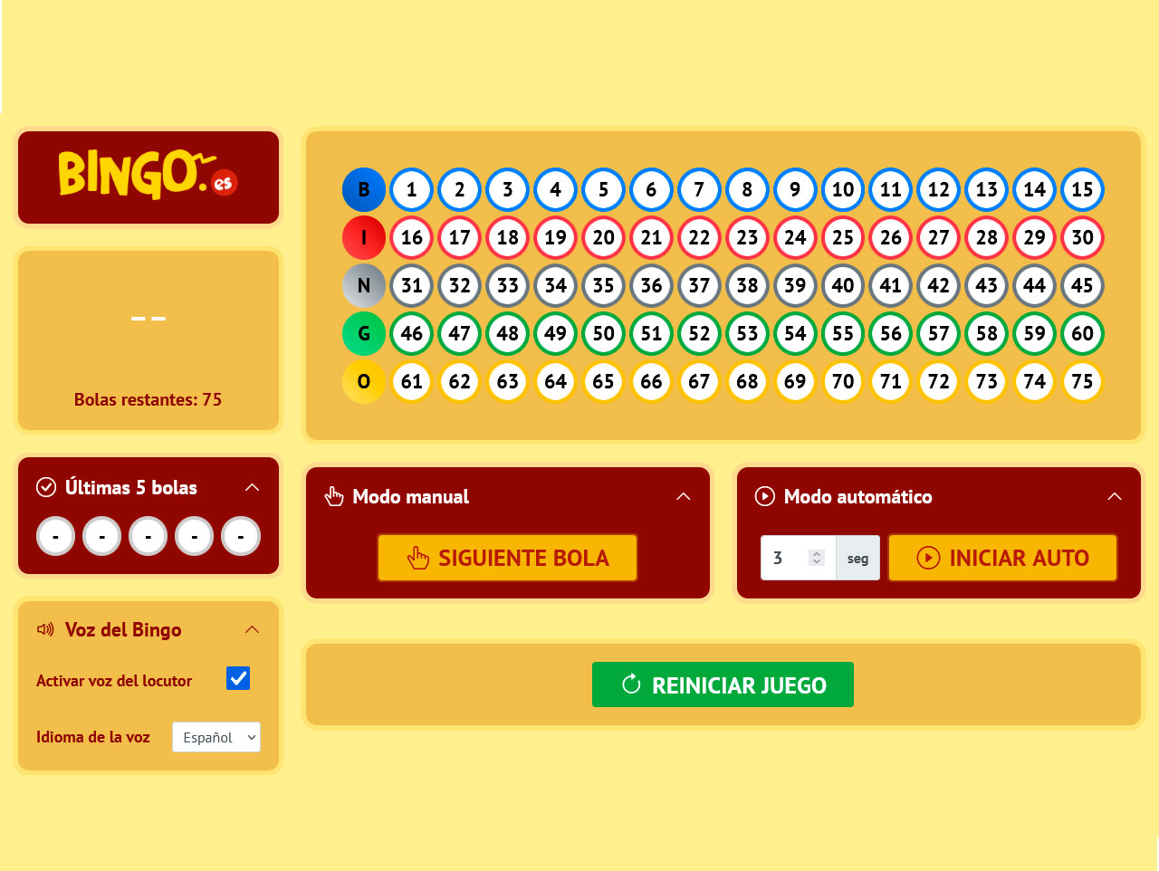 Juego gratis de bingo 75 bolas