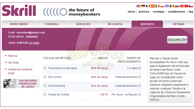 Depositar dinero en Skrill